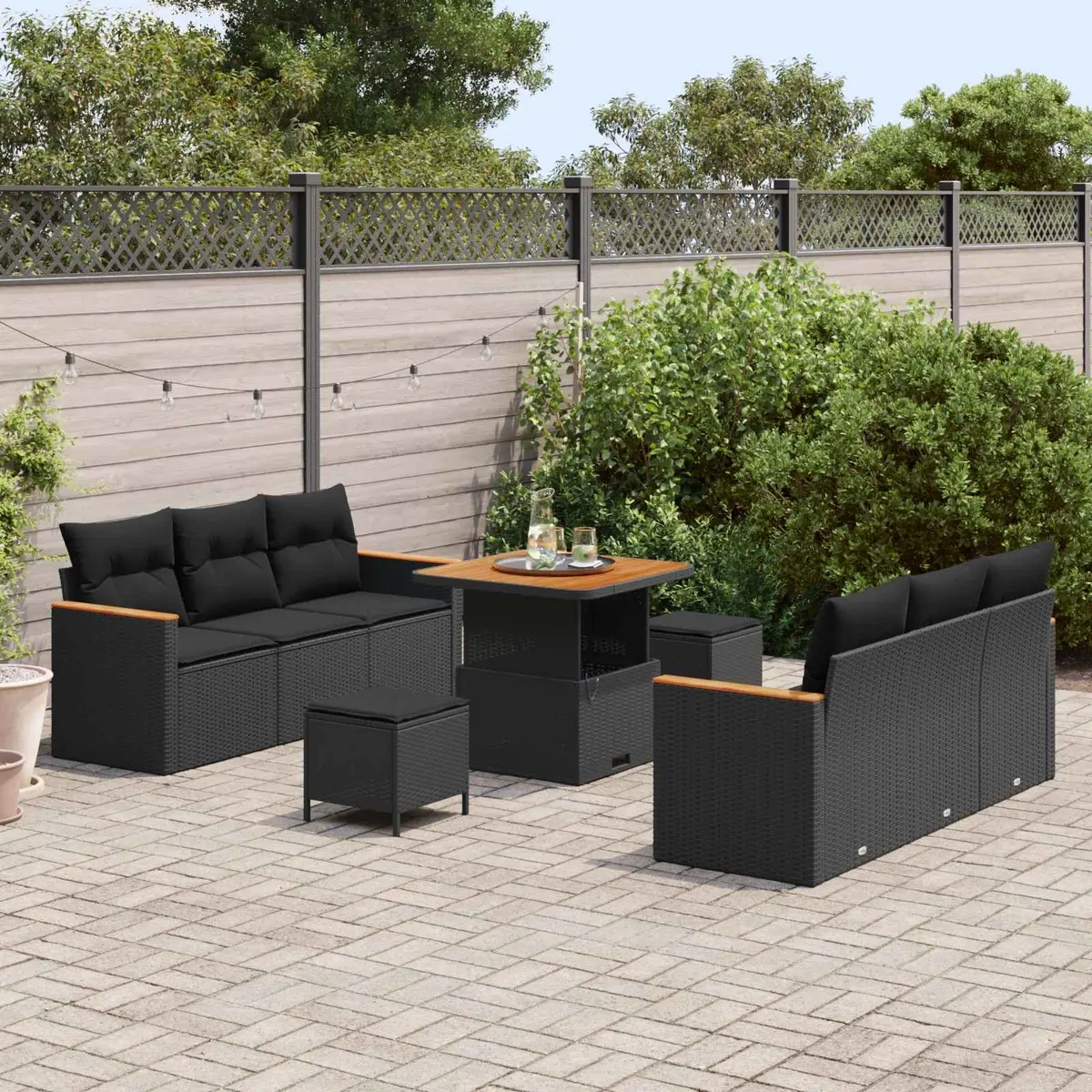 Modular Garden Sofa Set Poly Rattan Acacia Wood 11 Pieces Black