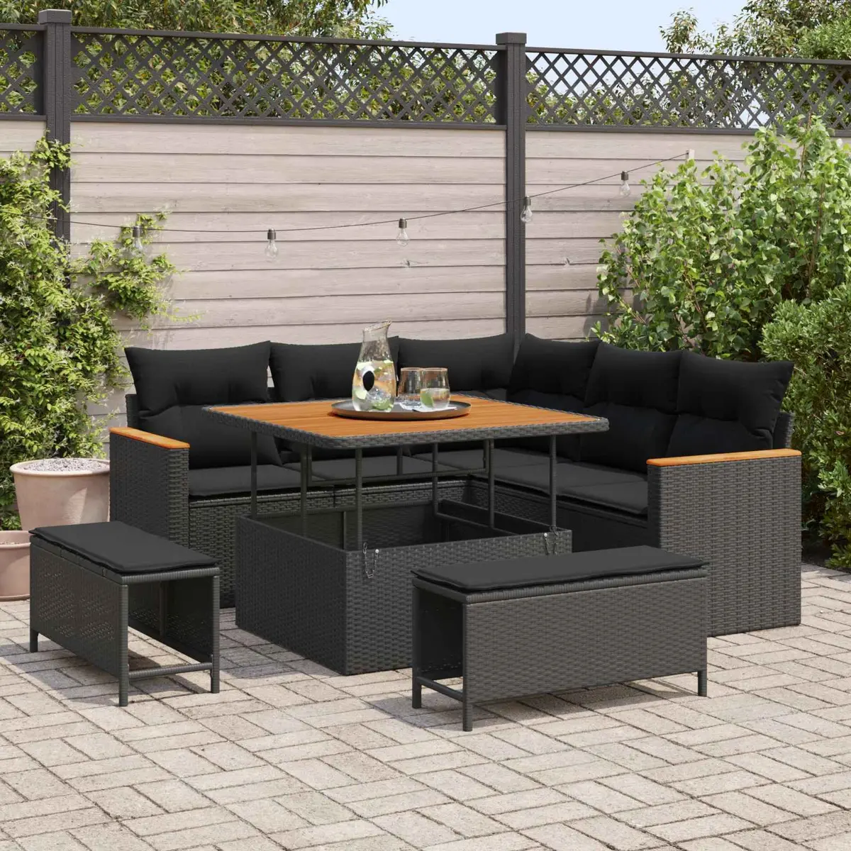 8 Piece Black Outdoor Modular Sofa Set Poly Rattan Seating with Adjustable Table and Integrated Storage