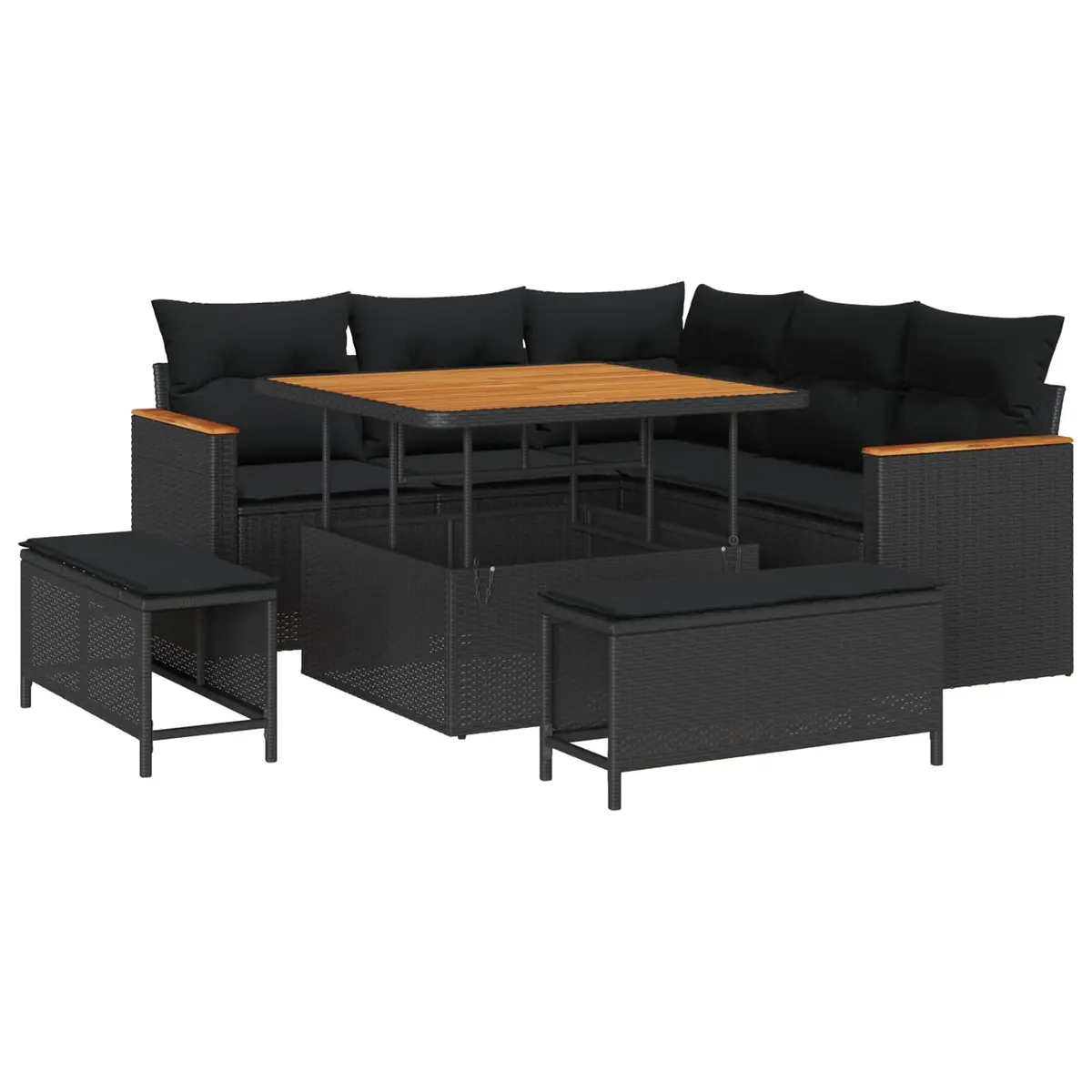 8 Piece Black Outdoor Modular Sofa Set Poly Rattan Seating with Adjustable Table and Integrated Storage
