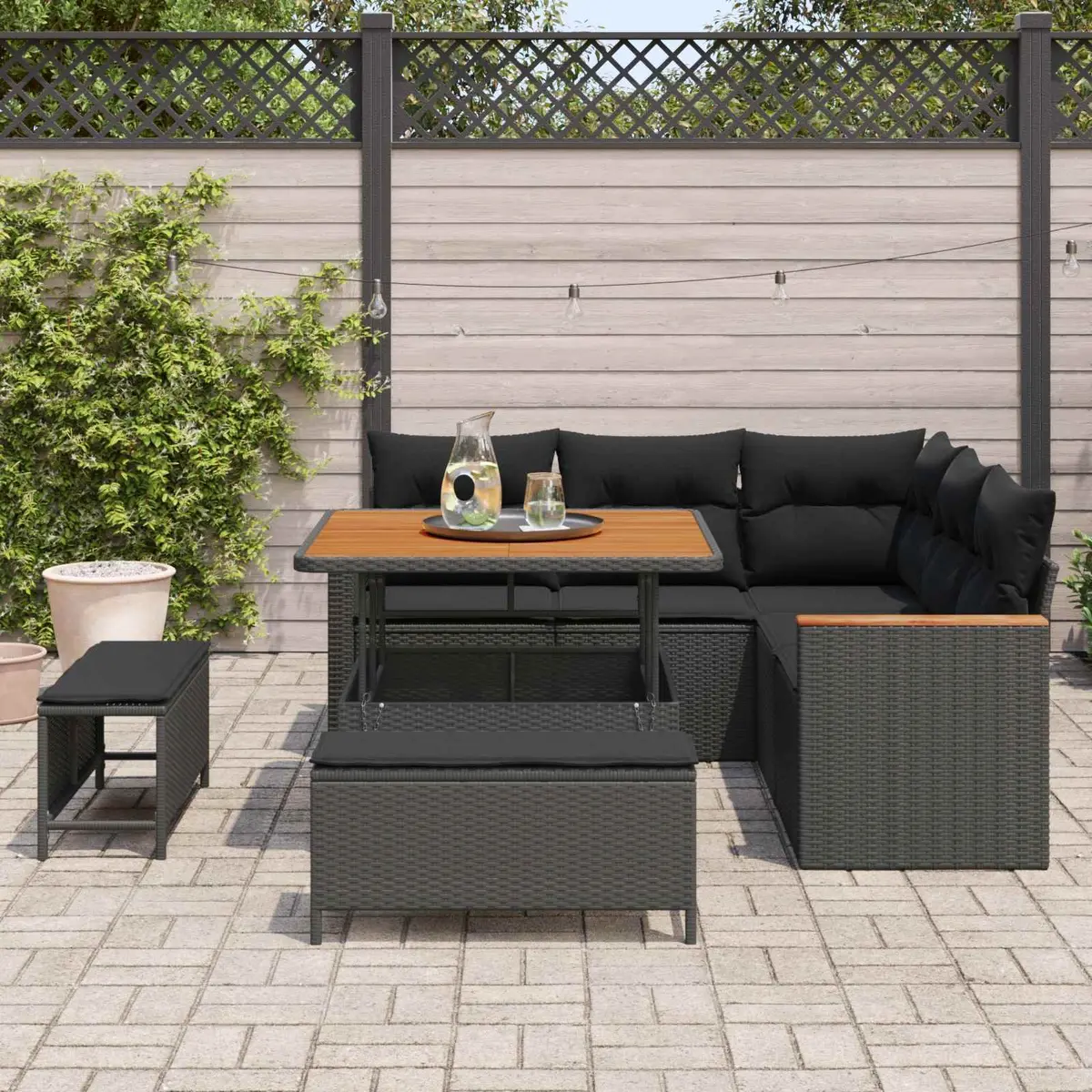 8 Piece Black Outdoor Modular Sofa Set Poly Rattan Seating with Adjustable Table and Integrated Storage