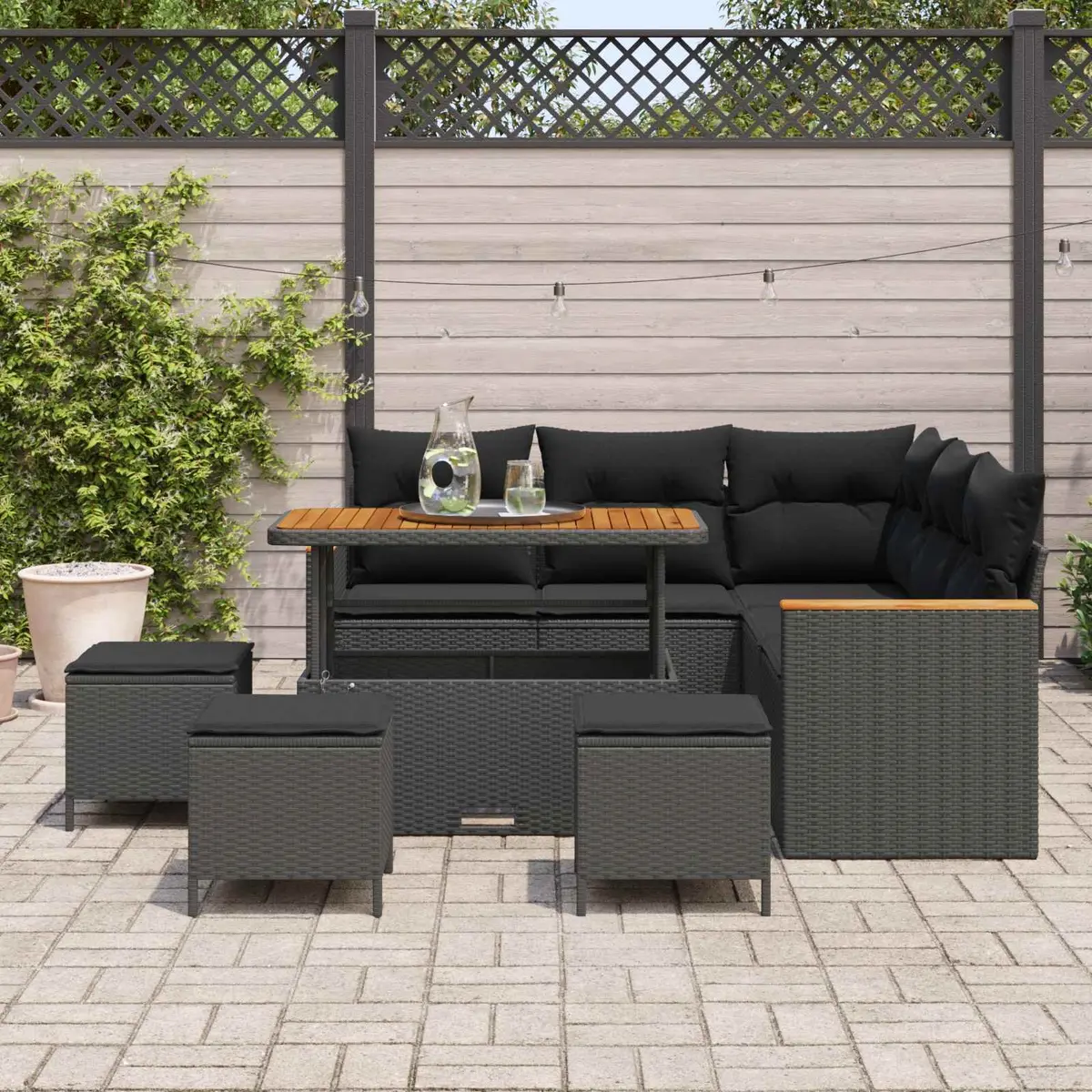 Outdoor Garden Sofa Set Modular Black Poly Rattan with Storage Table Cushions