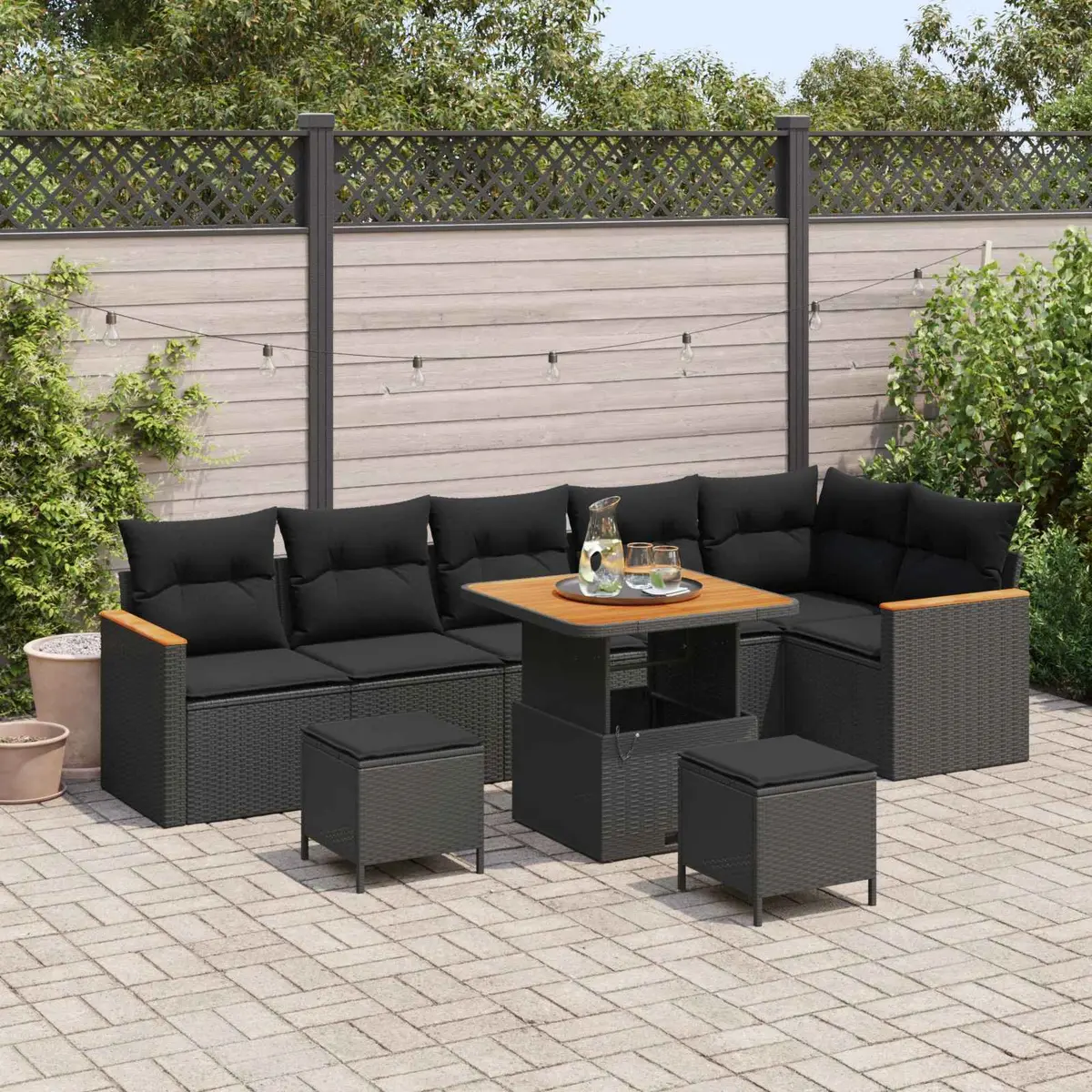 Outdoor Garden Sofa Set Modular Poly Rattan 9 Piece Black with Acacia Wood Surfaces and Weather Resistant Fabric Cushions