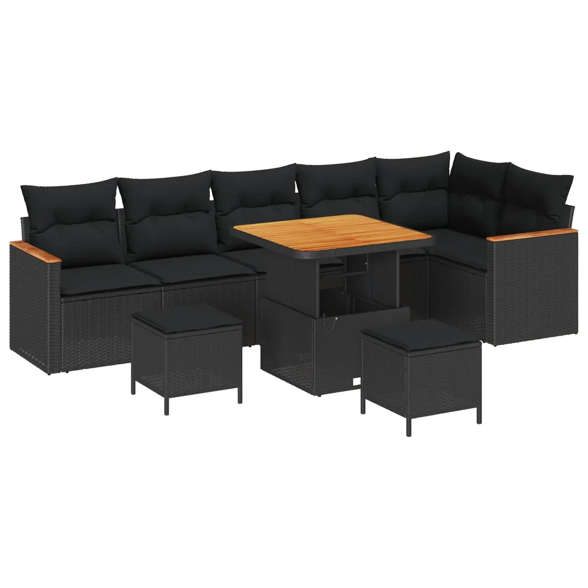 Outdoor Garden Sofa Set Modular Poly Rattan 9 Piece Black with Acacia Wood Surfaces and Weather Resistant Fabric Cushions