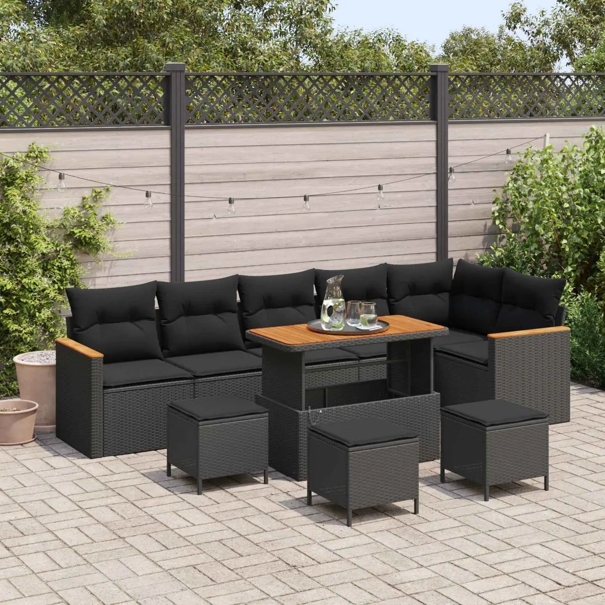 10 Piece Outdoor Sofa Set Modular Poly Rattan Garden Furniture Black with Acacia Wood Accents and Weather Resistant Cushions