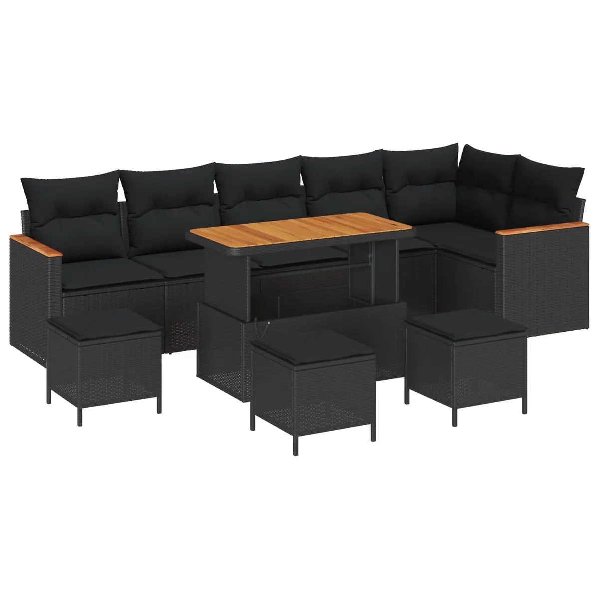10 Piece Outdoor Sofa Set Modular Poly Rattan Garden Furniture Black with Acacia Wood Accents and Weather Resistant Cushions