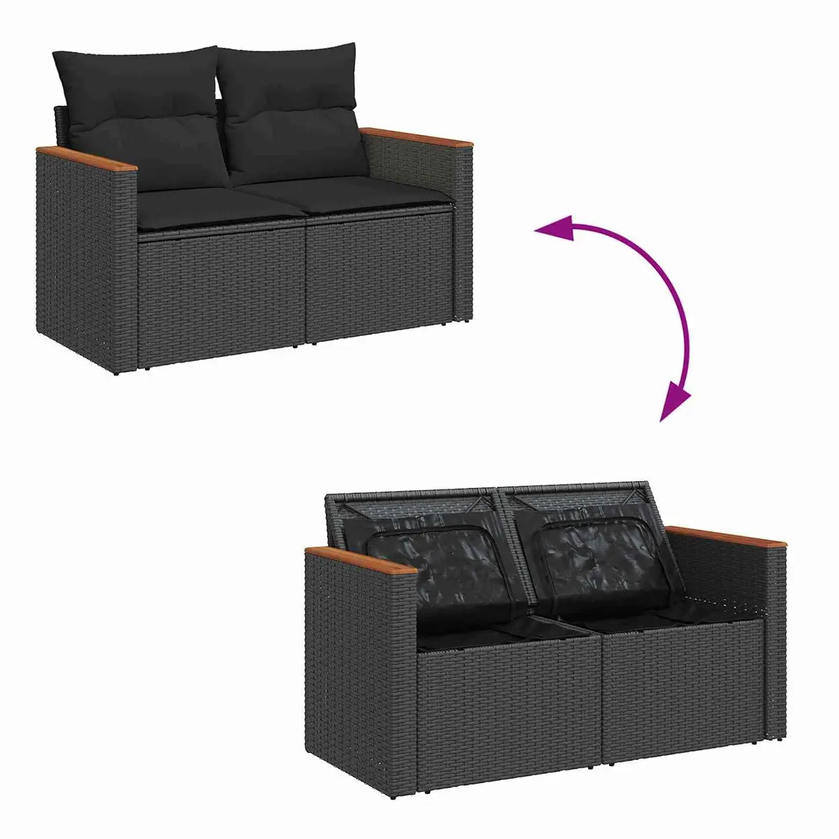 10 Piece Outdoor Sofa Set Modular Poly Rattan Garden Furniture Black with Acacia Wood Accents and Weather Resistant Cushions