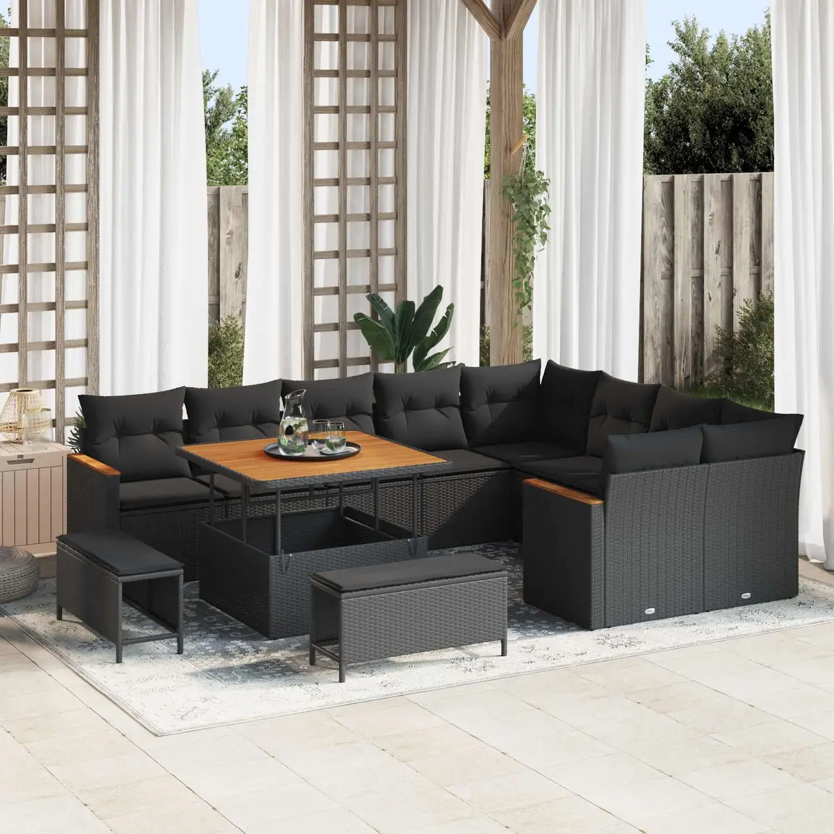 12 Piece Modular Outdoor Patio Sofa Set Black with Cushions Poly Rattan Garden Seating