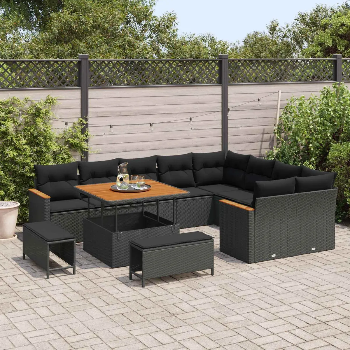 12 Piece Modular Outdoor Patio Sofa Set Black with Cushions Poly Rattan Garden Seating