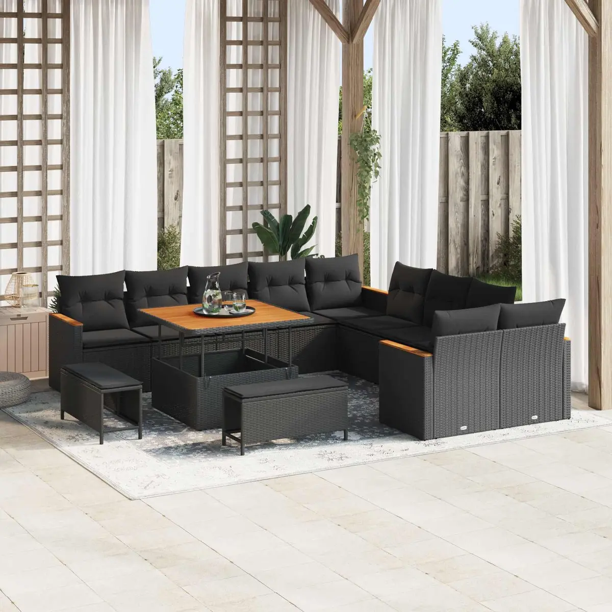Modular Outdoor Sofa Set Poly Rattan Acacia Wood 13 Piece Black