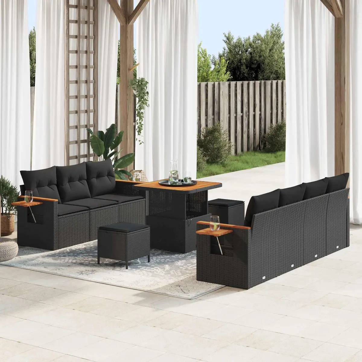Modular Garden Sofa Set Poly Rattan 13 Pieces Black Acacia Wood Outdoor Seating