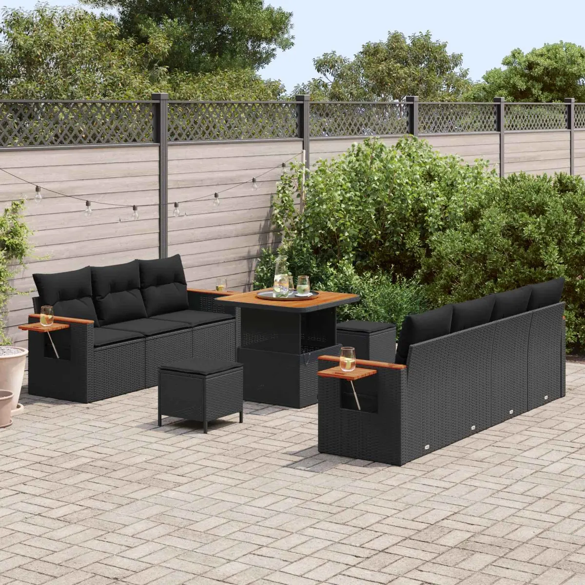 Modular Garden Sofa Set Poly Rattan 13 Pieces Black Acacia Wood Outdoor Seating