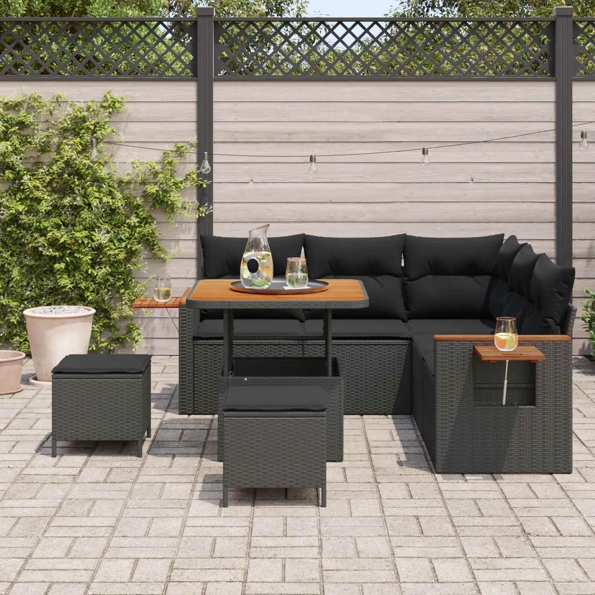 Outdoor Garden Sofa Set 9 Piece Modular Sectional Black Poly Rattan Cushions