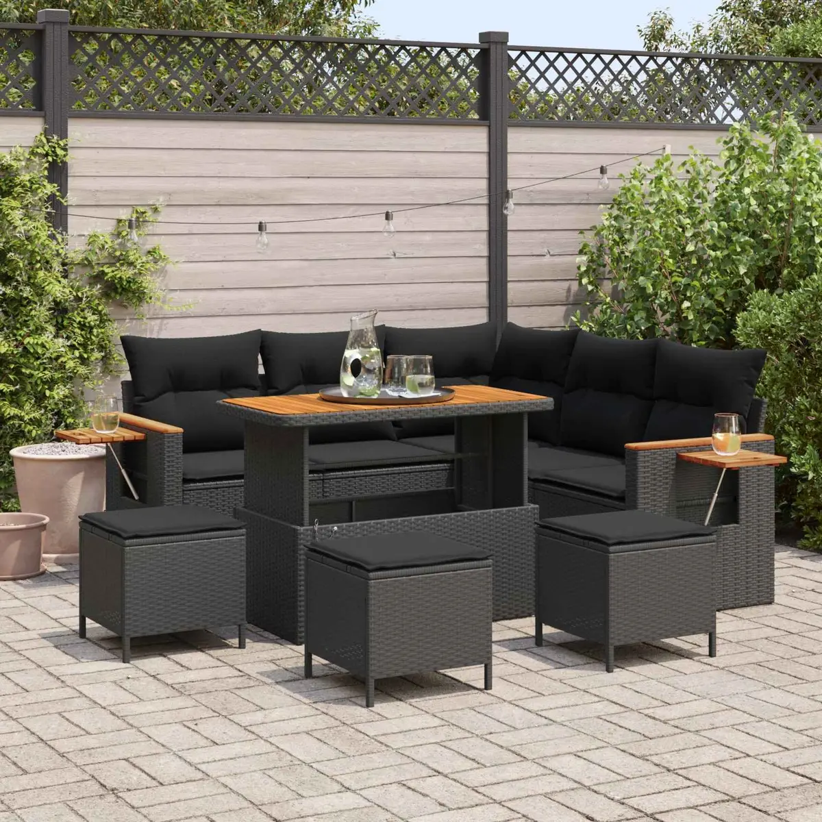 Modular Garden Sofa Set Poly Rattan 10 Pieces Outdoor Seating Black Cushions