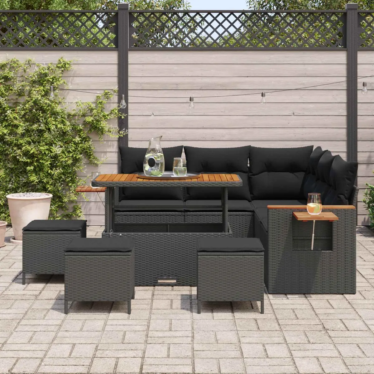 Modular Garden Sofa Set Poly Rattan 10 Pieces Outdoor Seating Black Cushions