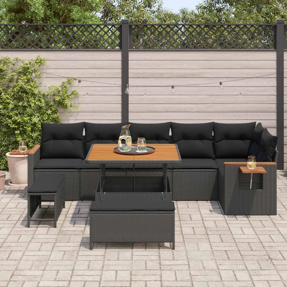 Modular Garden Sofa Set 11 Piece Poly Rattan Acacia Wood Steel Frame Black