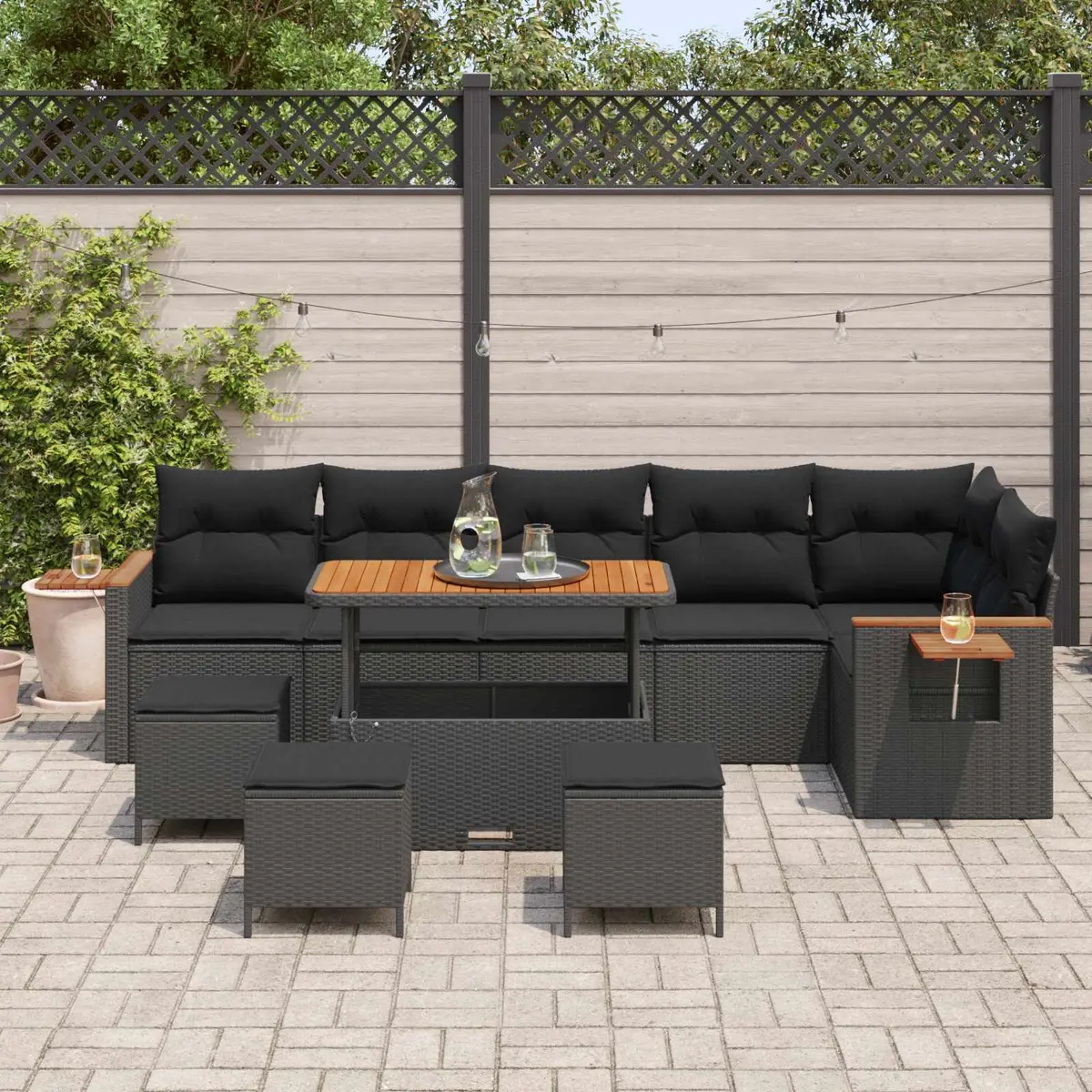 Modular Garden Sofa Set Poly Rattan 12 Piece Black Acacia Wood Frame