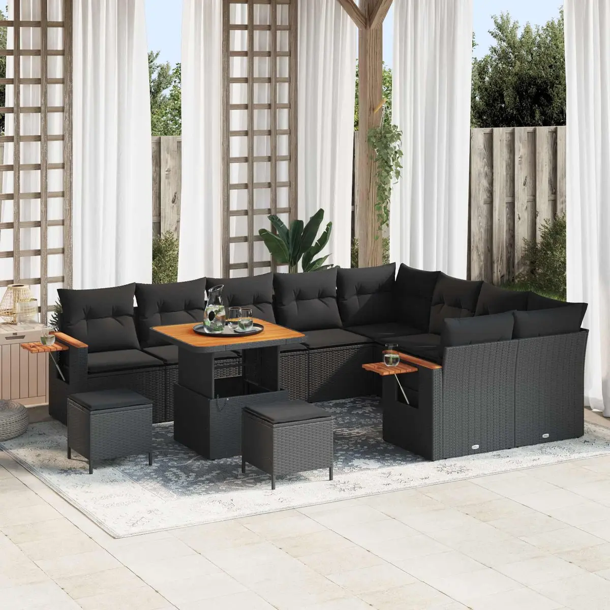 Modular Garden Sofa Set Poly Rattan 13 Piece Black Outdoor Seating with Cushions