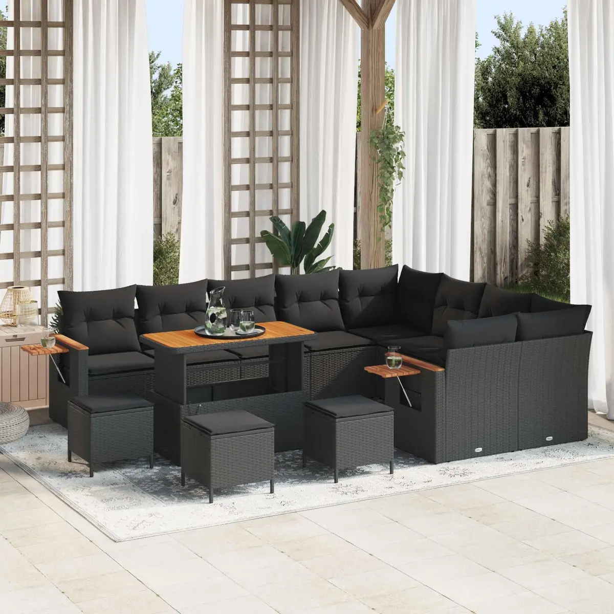 Modular Garden Sofa Set Poly Rattan Solid Acacia Wood 14 Pieces Black Outdoor Furniture