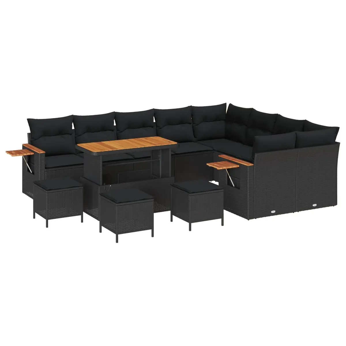 Modular Garden Sofa Set Poly Rattan Solid Acacia Wood 14 Pieces Black Outdoor Furniture