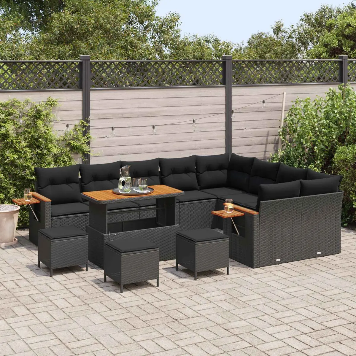 Modular Garden Sofa Set Poly Rattan Solid Acacia Wood 14 Pieces Black Outdoor Furniture