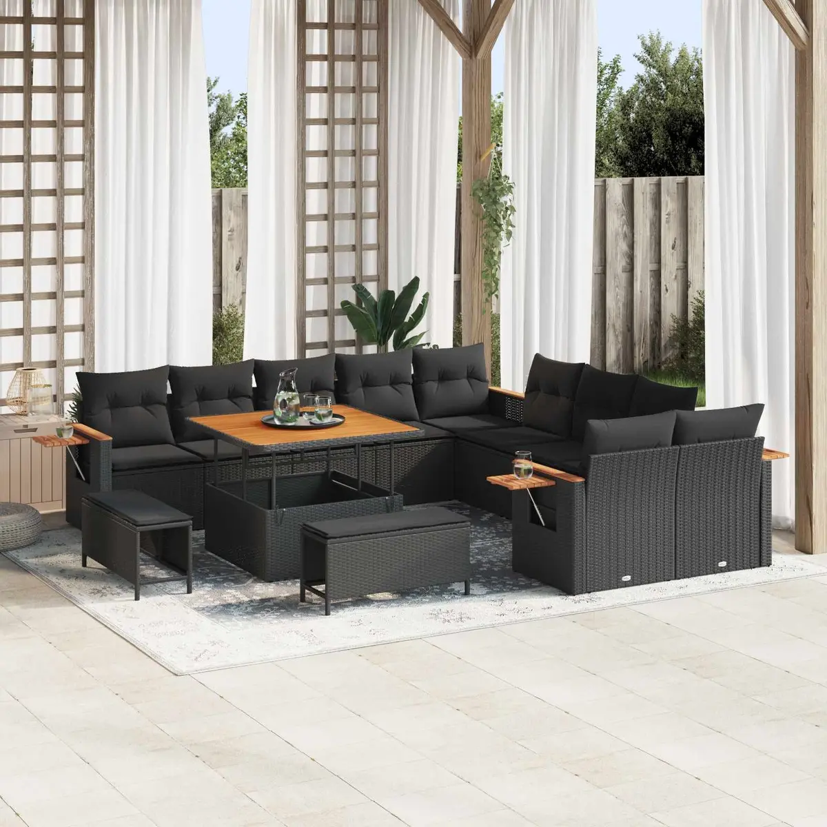 Modular Garden Sofa Set 17 Pieces Black Poly Rattan with Cushions Outdoor Furniture