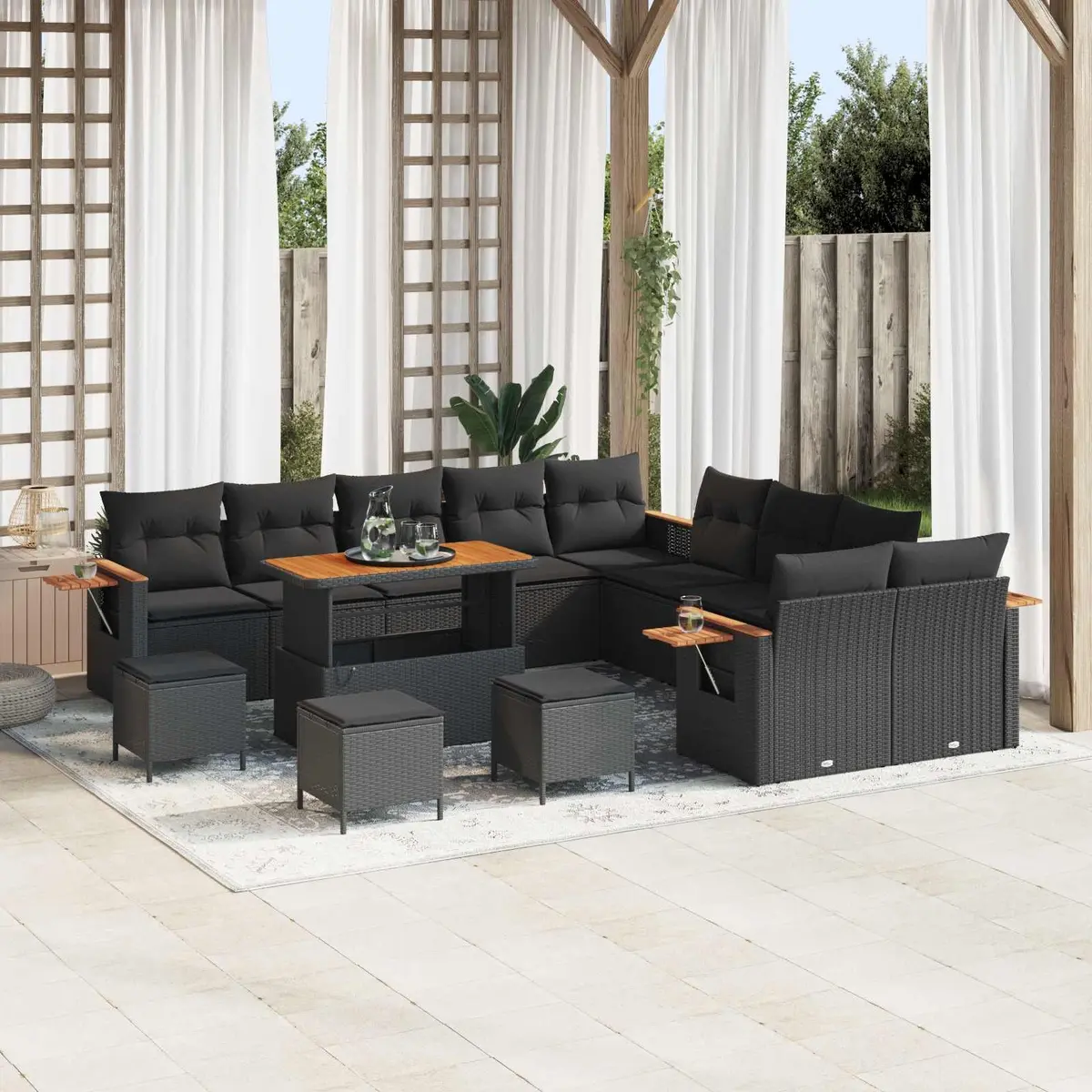 Modular Garden Sofa Set 18 Pieces Black Poly Rattan Outdoor Seating Cushions