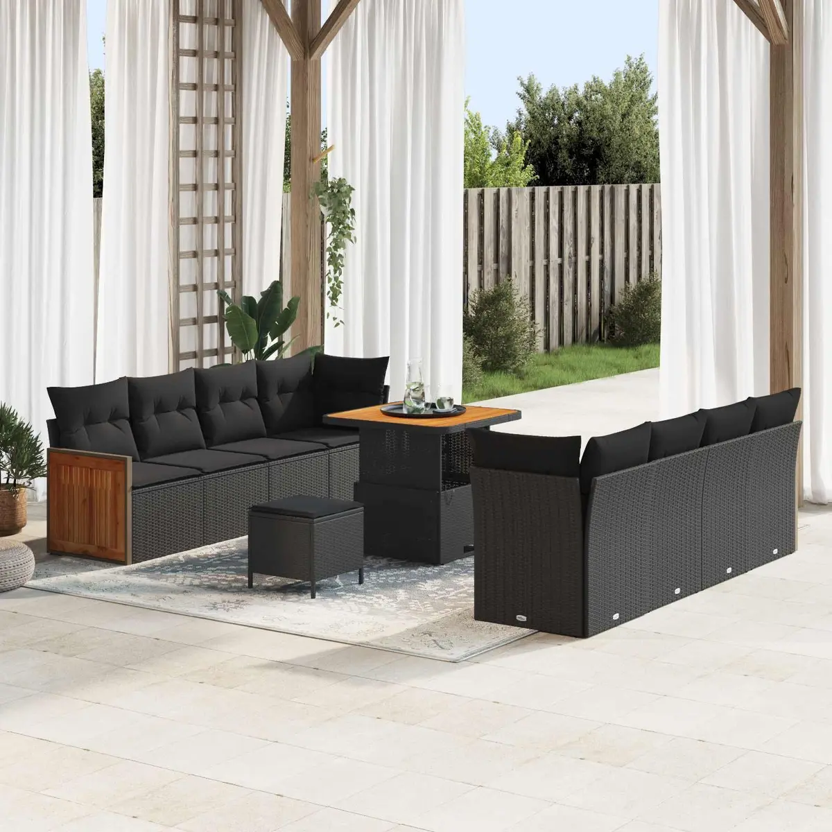 12PieceOutdoorSofaSetModularPolyRattanAcaciaWoodBlackCushionsFlexibleRearrangement