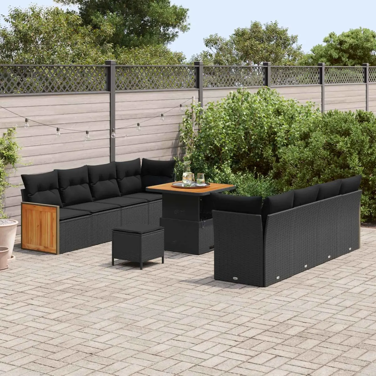 12PieceOutdoorSofaSetModularPolyRattanAcaciaWoodBlackCushionsFlexibleRearrangement