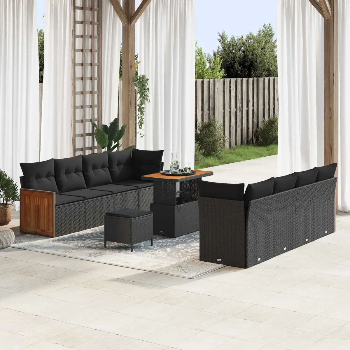 12 Piece Outdoor Seating Sofa Set Black Poly Rattan and Acacia Wood Modular with Cushions