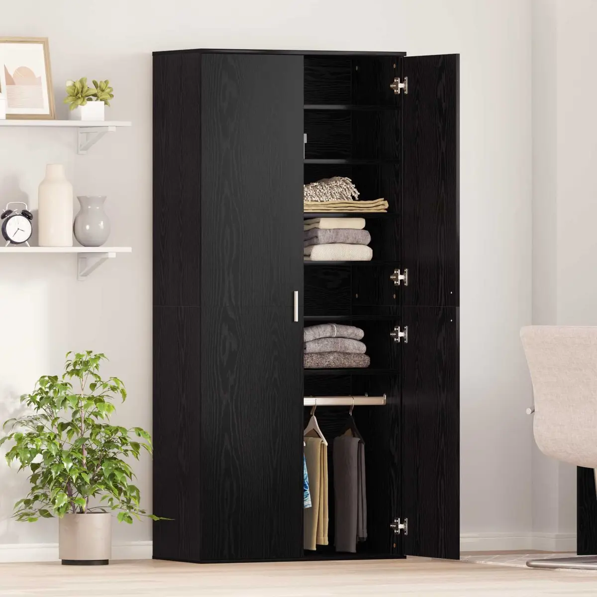 Highboard Storage Cabinet Engineered Wood 80x39x178cm Black Oak with Hinge Doors and Shelves