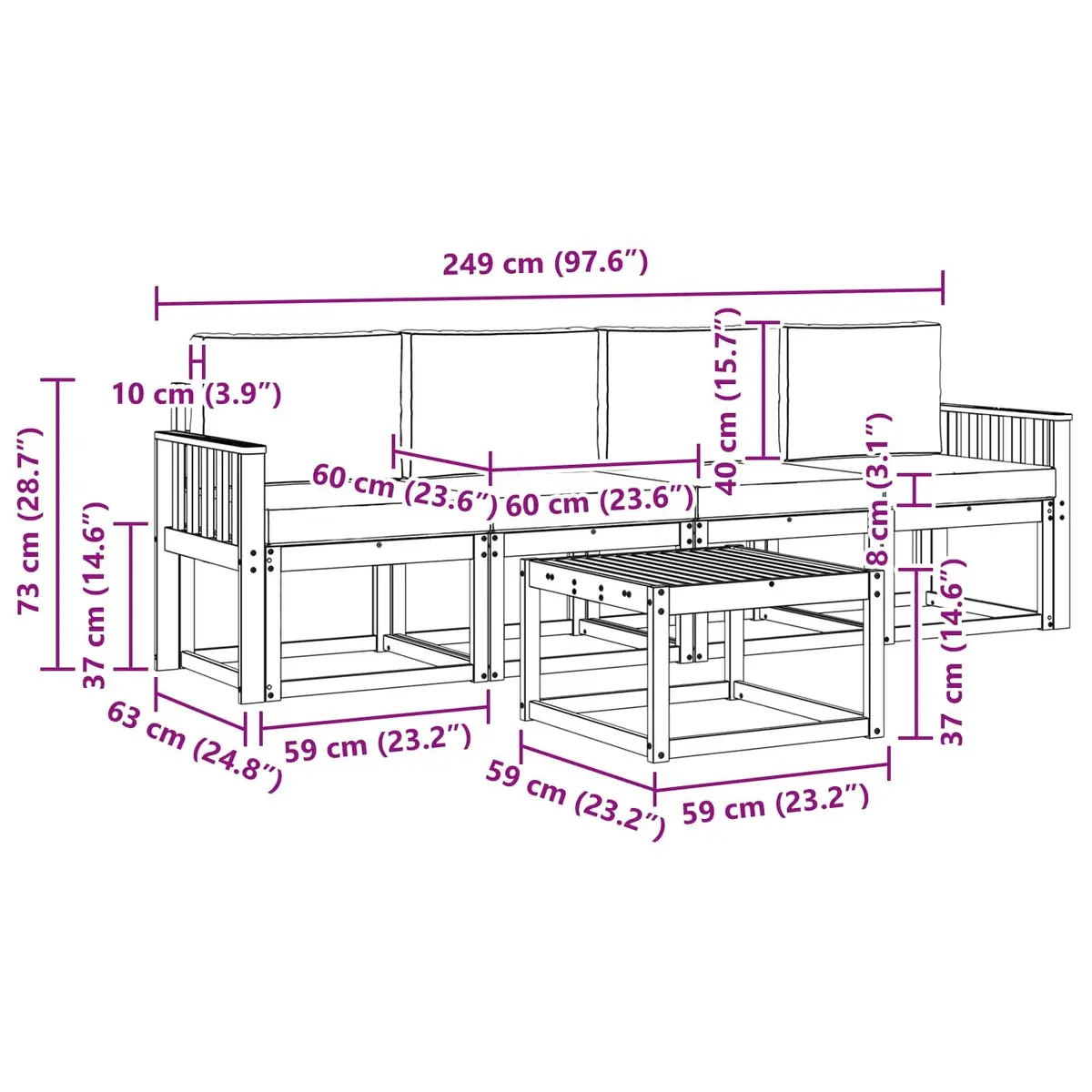 Outdoor Sofa Set Solid Acacia Wood Modular 5 Pieces Brown