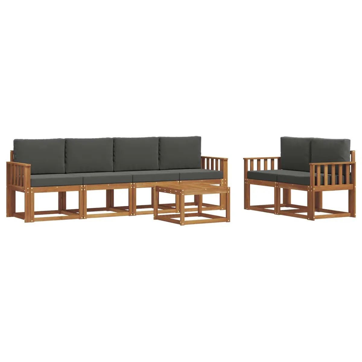 Outdoor Sofa Set Solid Acacia Wood 7 Piece Modern Slatted Sectional with Brown Cushions