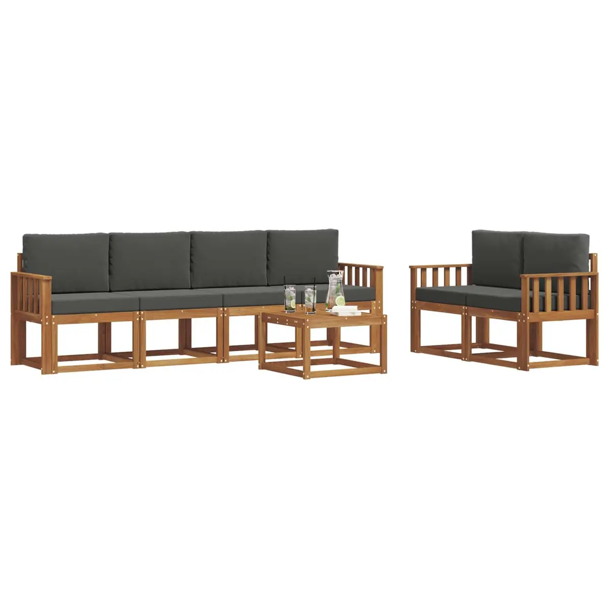 Outdoor Sofa Set Solid Acacia Wood 7 Piece Modern Slatted Sectional with Brown Cushions