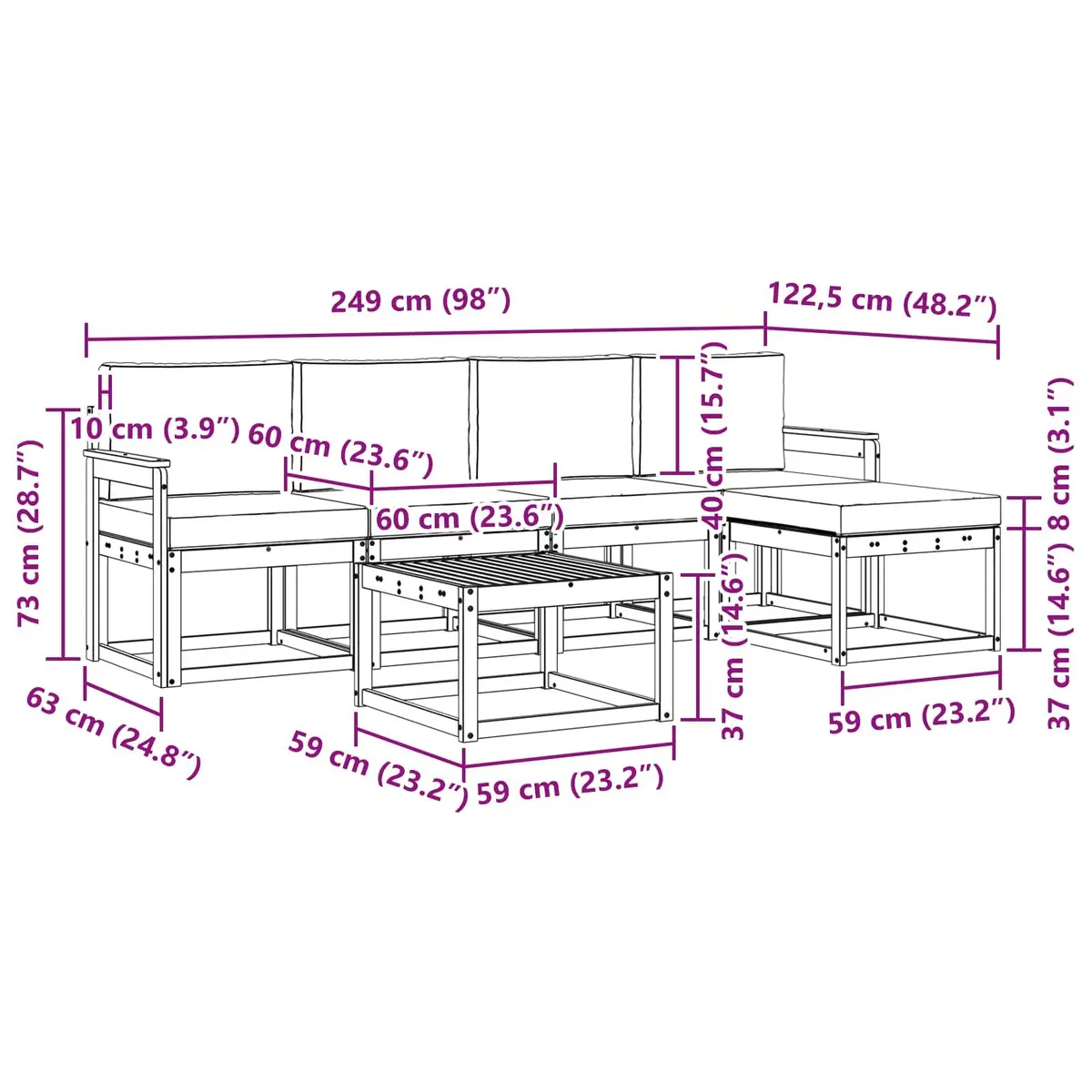 6 Piece Outdoor Sofa Set Cushioned Slatted Back and Seat Solid Acacia Wood Brown Anthracite Garden Patio Furniture