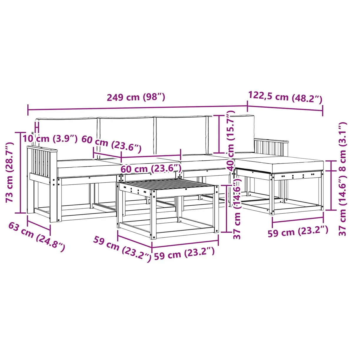 Outdoor Sectional Sofa Set Solid Acacia Wood 6 Piece Natural and Anthracite