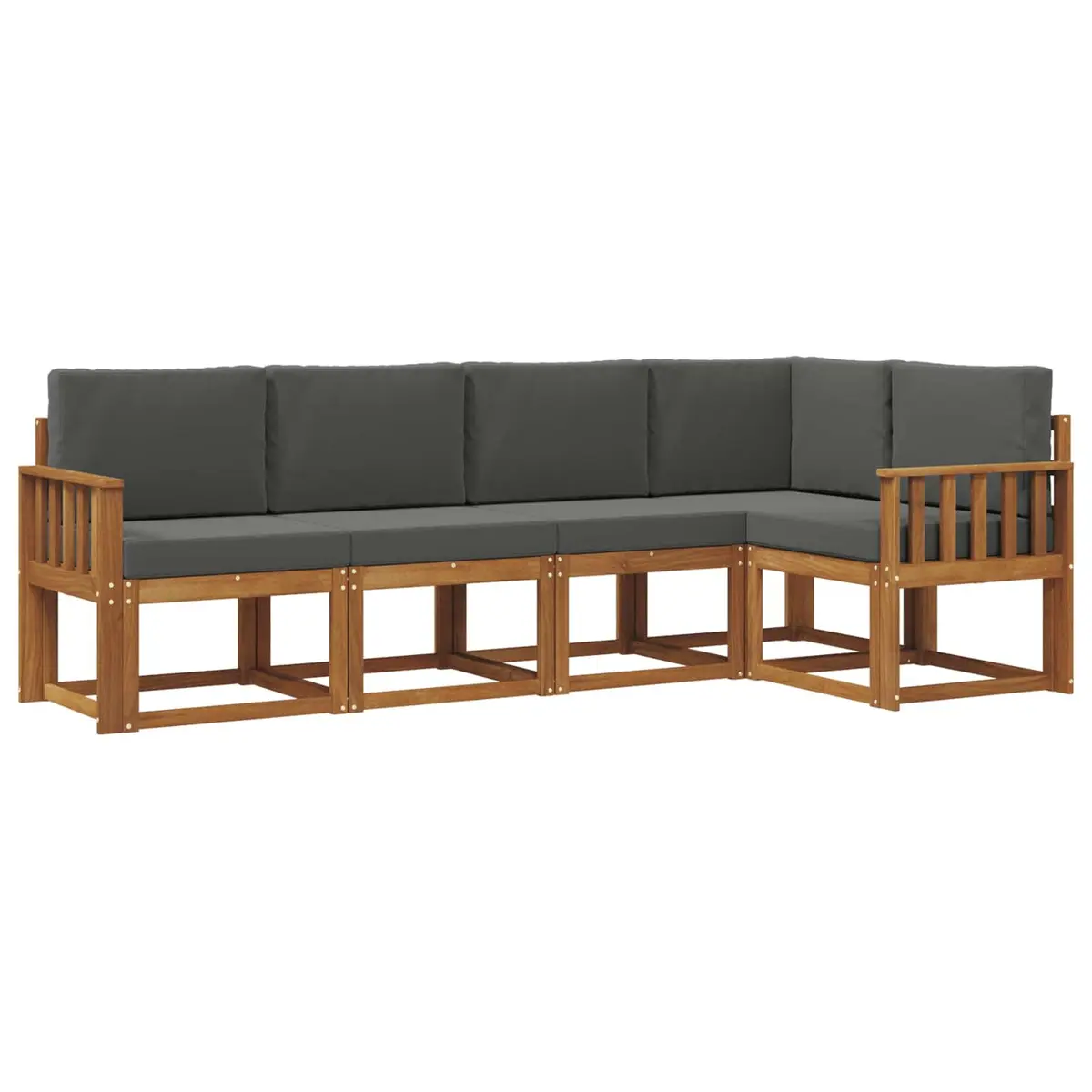 5 Piece Modular Outdoor Sofa Set Solid Acacia Wood Construction Brown Lacquered Finish with Cushions for Garden and Patio Seating