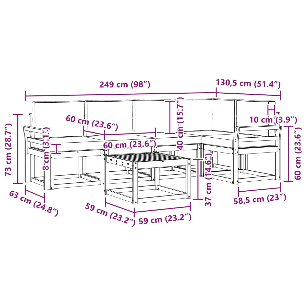 Outdoor Sofa Set Modular Acacia Wood 6 Piece Brown