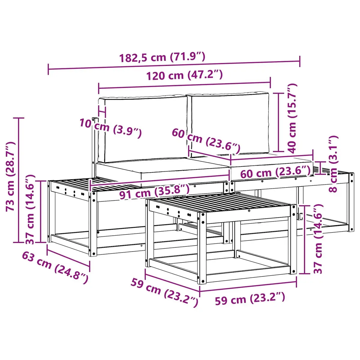 Outdoor Sofa Set 3 Piece Garden Furniture Brown Acacia Wood Patio Lounge