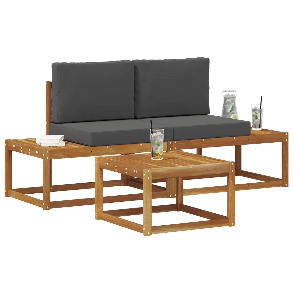 Outdoor Sofa Set 3 Piece Garden Furniture Brown Acacia Wood Patio Lounge