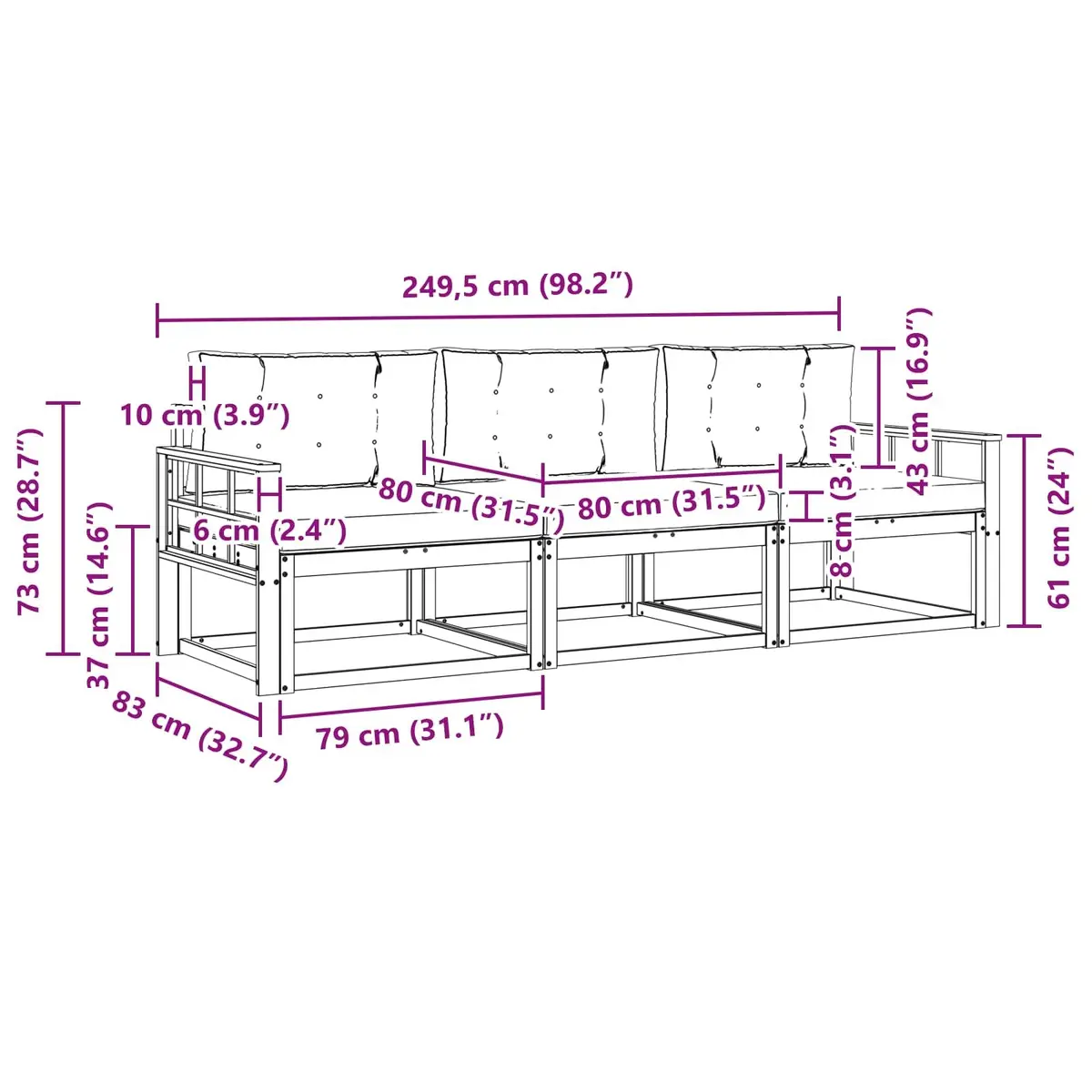 Outdoor Sofa Set 3 Piece Modular Garden Patio Sectional Lounge Furniture