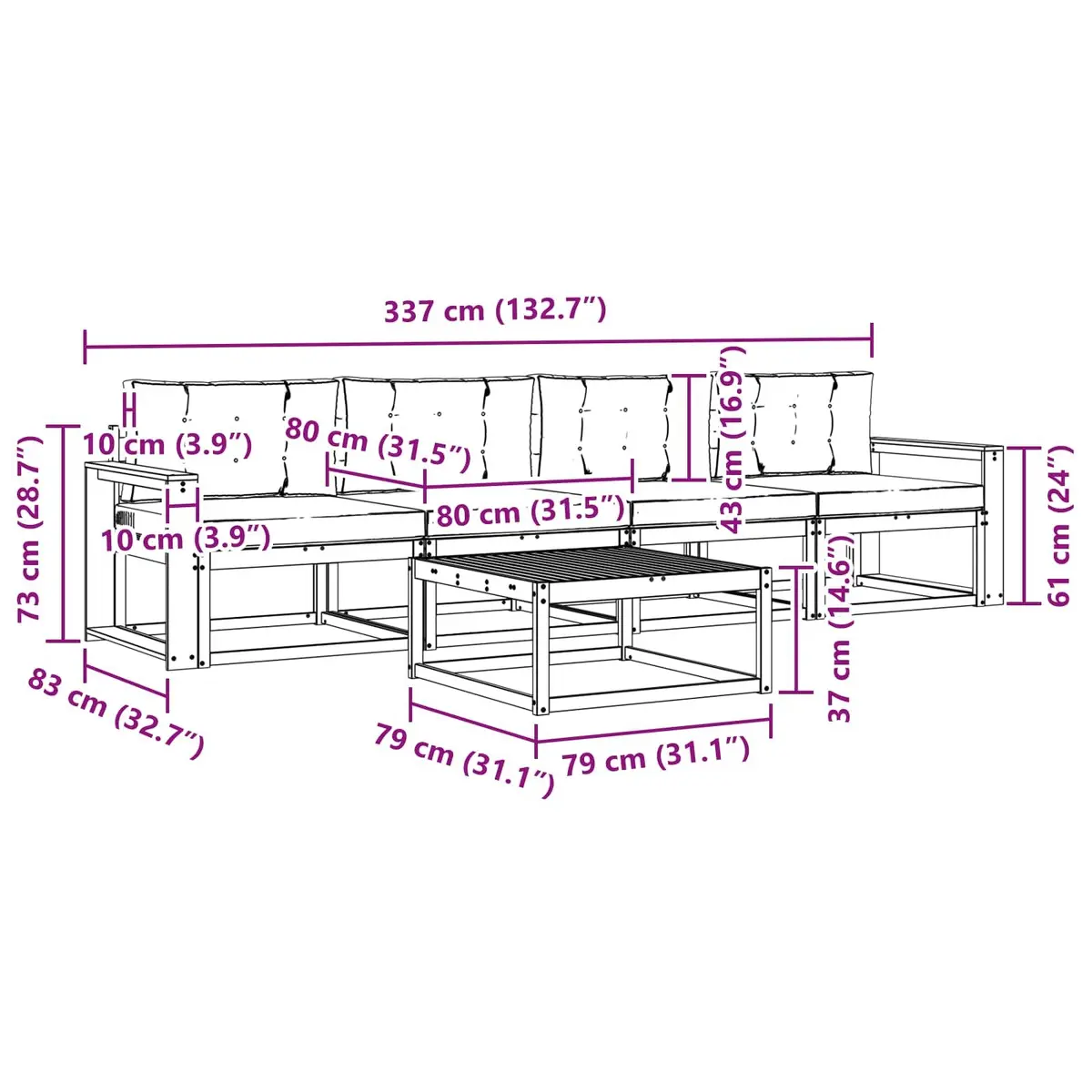 Outdoor Sectional Sofa Set Solid Acacia Wood 5 Piece Natural Brown and Anthracite Modern Garden Patio Furniture with Cushions