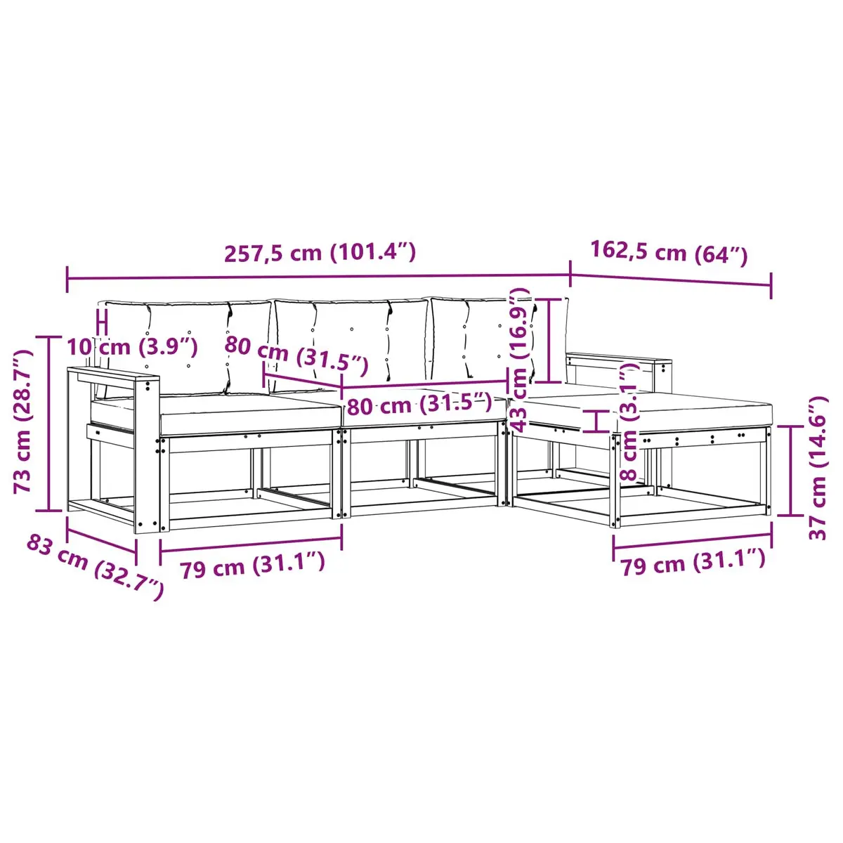 Outdoor Modular Sofa Set 4 Pieces Brown Solid Acacia Wood Garden Patio Furniture with Cushions