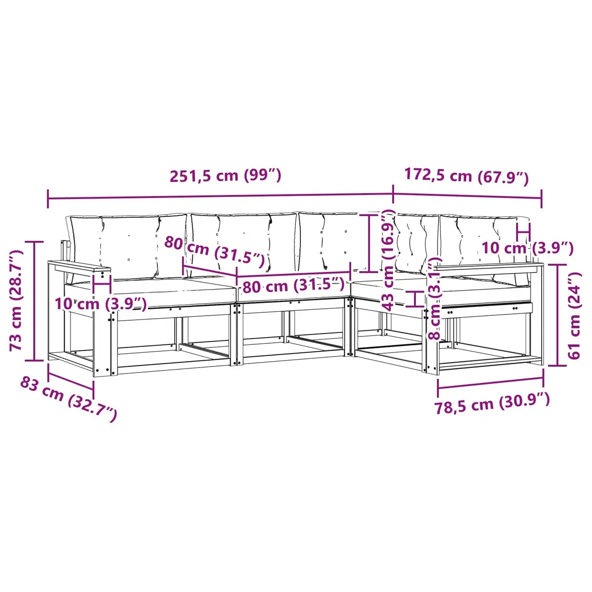 4 Piece Modular Outdoor Sofa Set Solid Acacia Wood Brown with Cushions for Garden and Patio