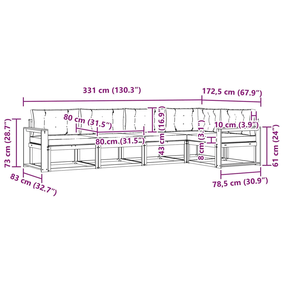 Outdoor Sectional Sofa Set 5 Pieces Modular Garden Patio Furniture Brown Cushion