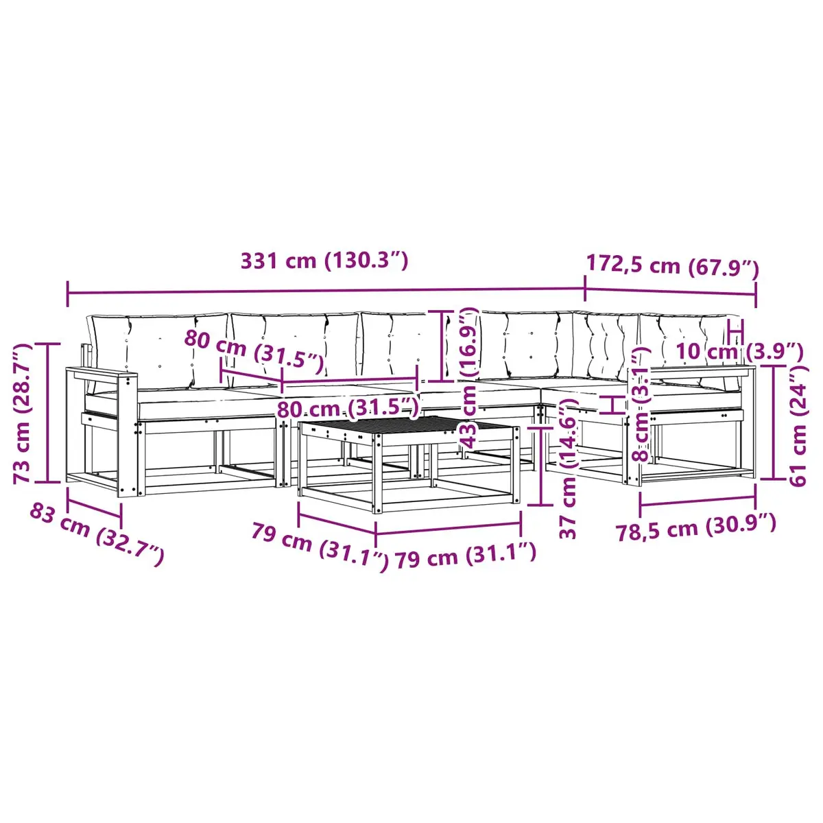 Outdoor Sectional Sofa Set 6pcs Modular Garden Patio Lounge with Cushions