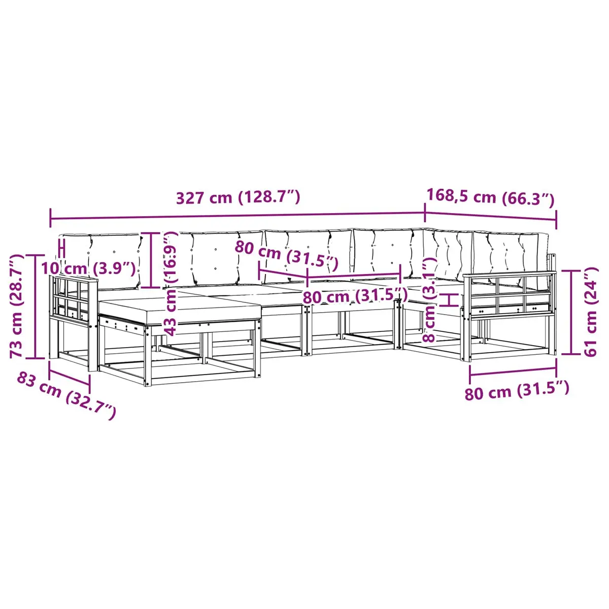 Outdoor Sofa Set Modular Acacia Wood 6 Piece Brown