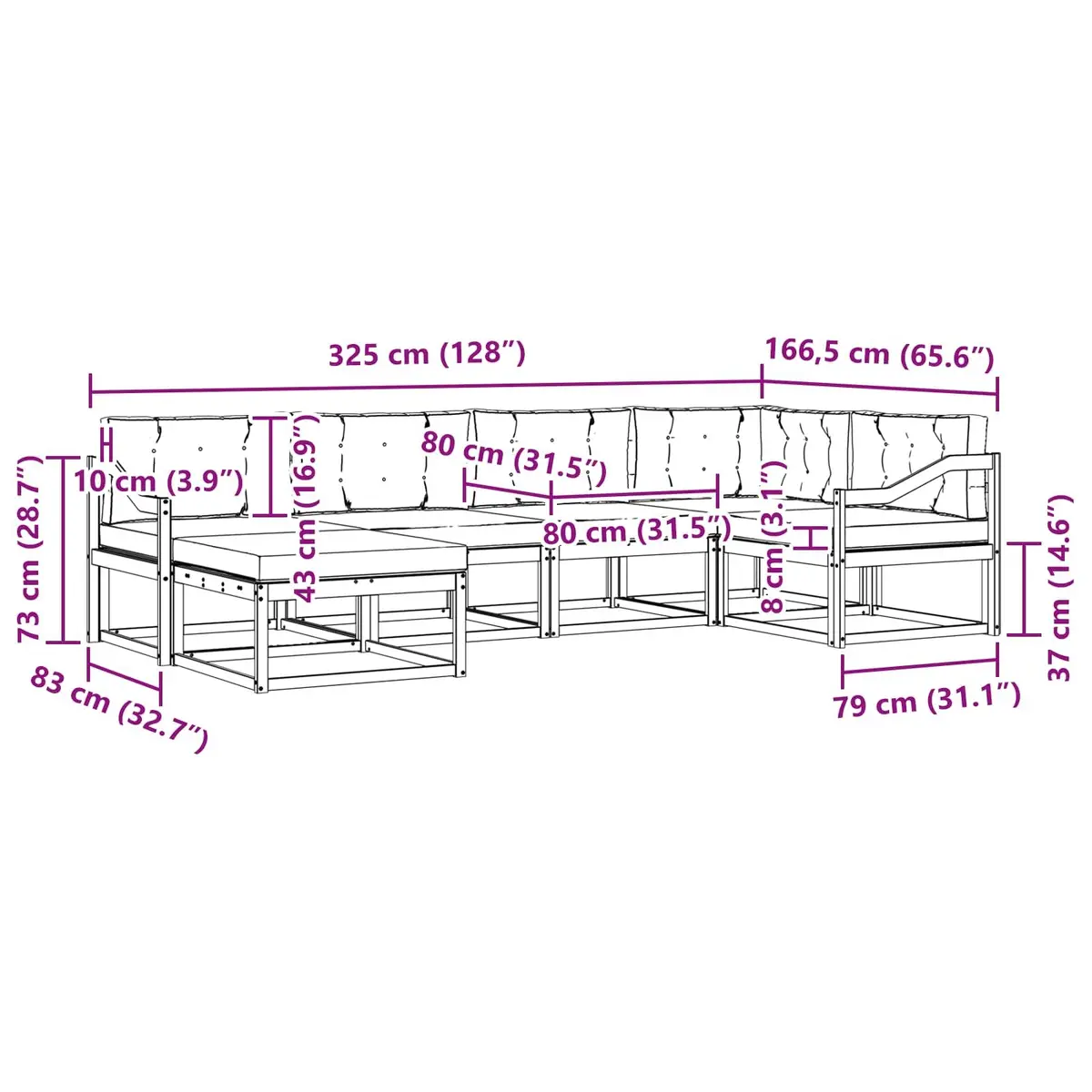 Outdoor Sofa Set Solid Acacia Wood 6 Piece Brown Modular Sectional Garden Patio Furniture