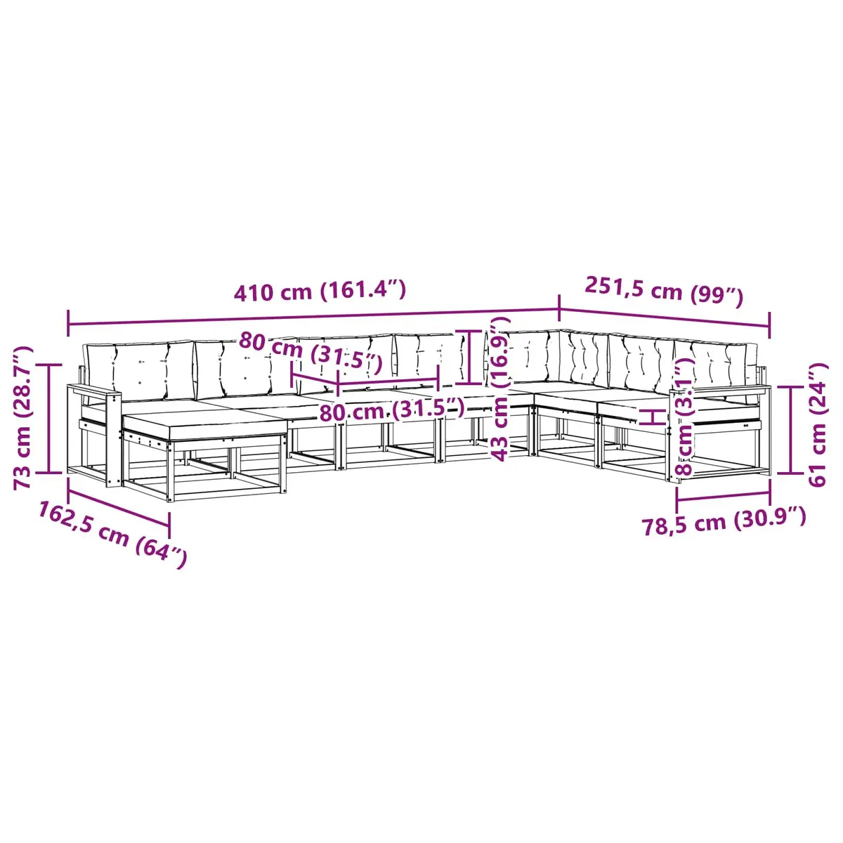 8PieceGardenPatioFurnitureBrownSolidAcaciaWoodOutdoorSectionalSofaSet withSlattedBackrestDesign