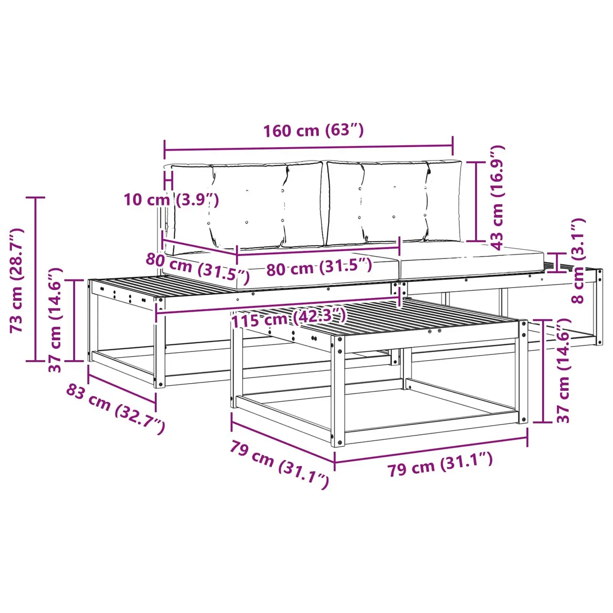Outdoor Sectional Sofa Set Modular Garden Patio Seating Brown Acacia Wood