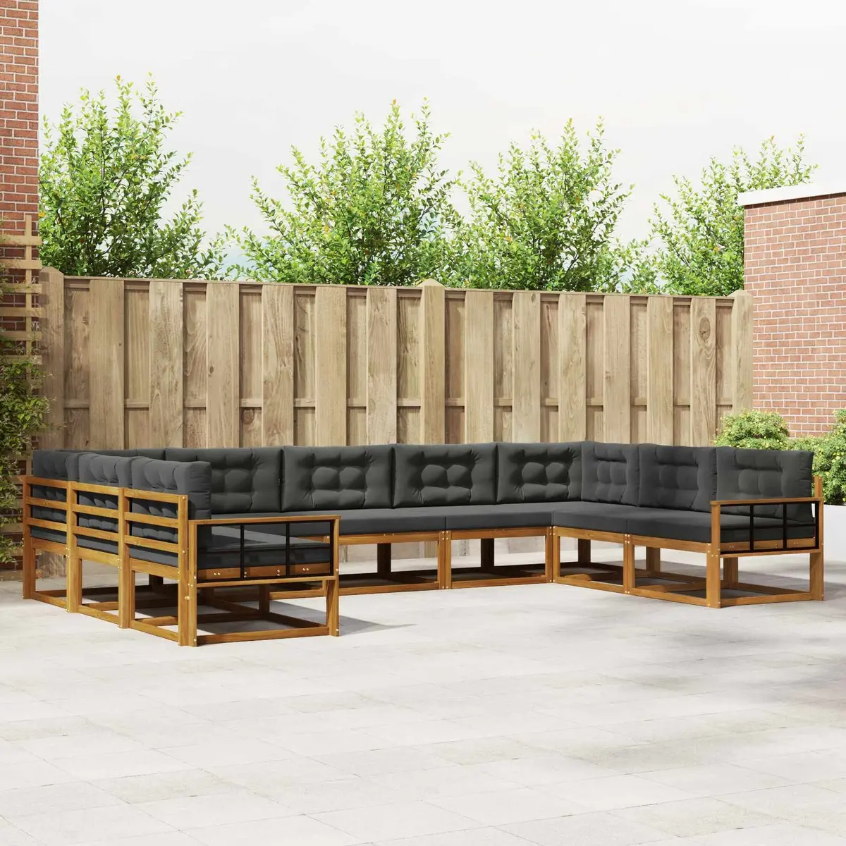 9PieceOutdoorSofaSetPatioFurnitureSolidAcaciaWoodFrameBrownCushionsSlatBackDesign